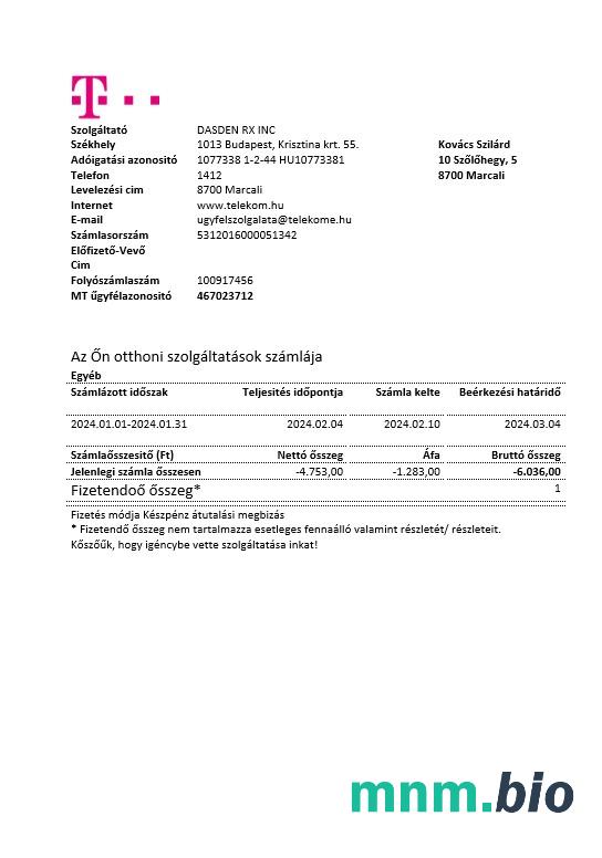 Węgry Magyartel rachunek za usługi komunalne szablon w formacie Word i PDF, w pełni edytowalne